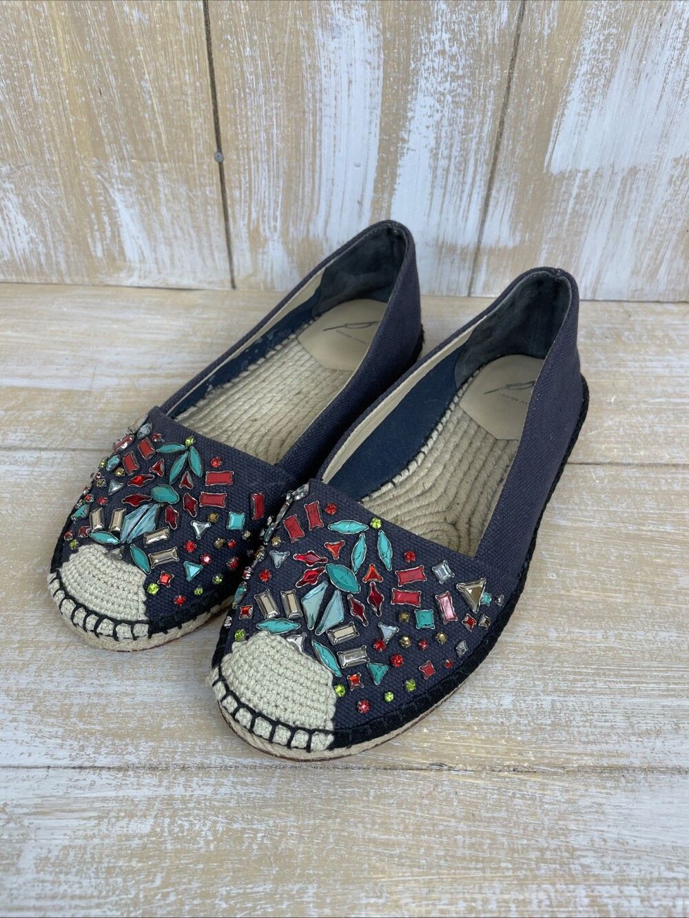Brian Atwood Pepita Espadrille Flats Women's 7 Jewel-Embellished Blue Canvas